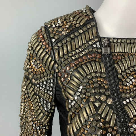 HERVE LEGER Size S Black Metallic Leather Cropped Jacket