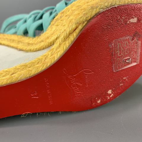 CHRISTIAN LOUBOUTIN 7 Turquoise Suede Woven Yellow Braided Platform Wedge Sandals