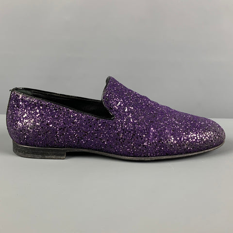 JIMMY CHOO Size 10.5 Purple Black Glitter Leather Slip On Loafers
