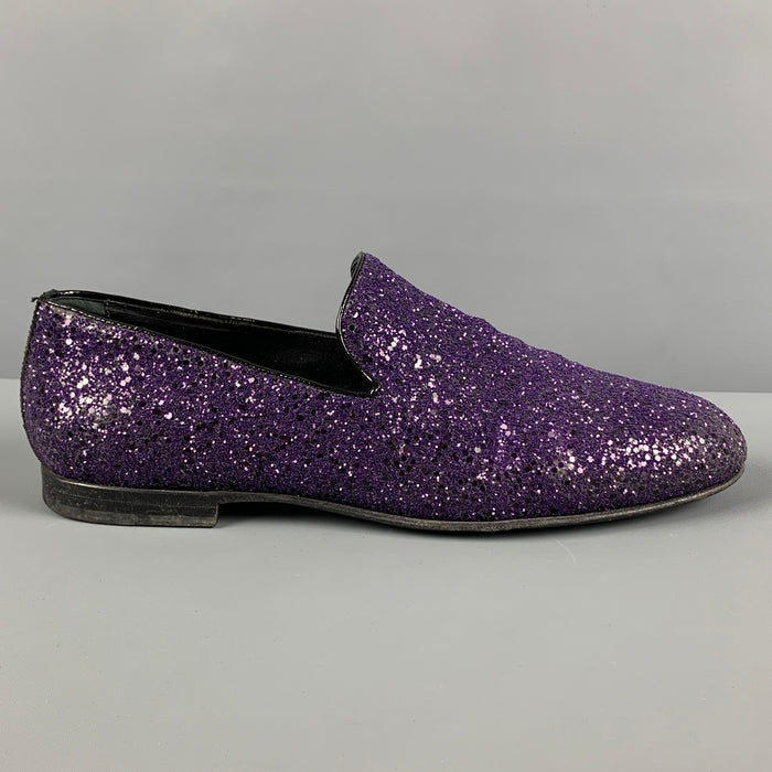 JIMMY CHOO Size 10.5 Purple Black Glitter Leather Slip On Loafers