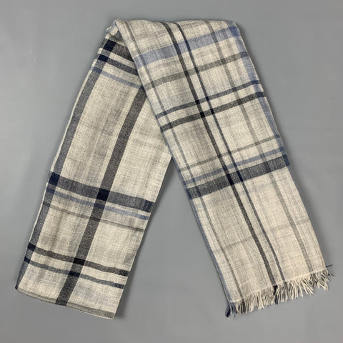 BRUNELLO CUCINELLI Light Gray & Blue Plaid Cashmere / Silk Fringe Scarf