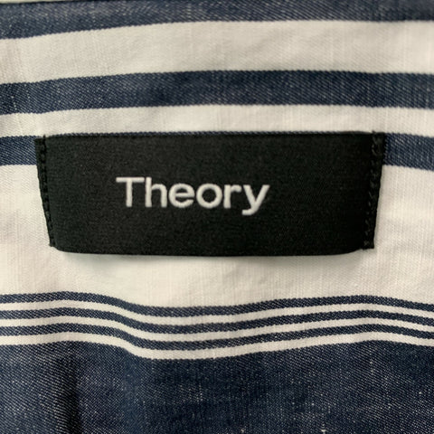 THEORY Size XL White &  Navy Stripe Button Down Short Sleeve Shirt