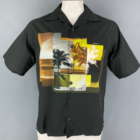 PRADA Size L Black Print Cotton Camp Short Sleeve Shirt