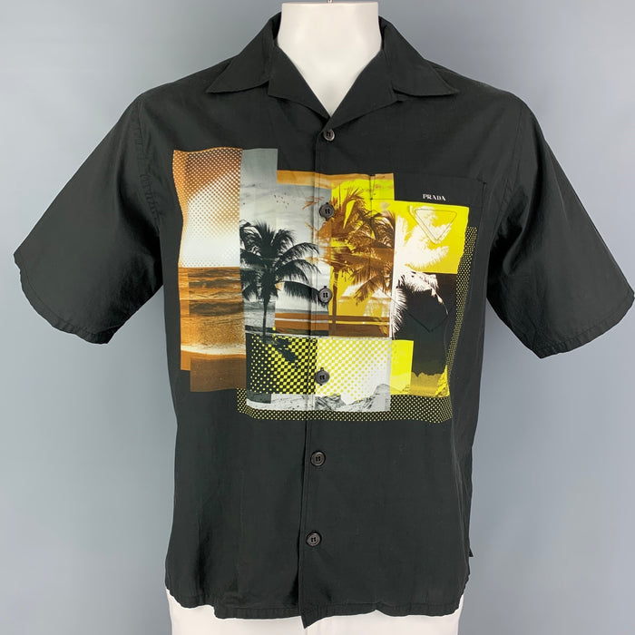 PRADA Size L Black Print Cotton Camp Short Sleeve Shirt