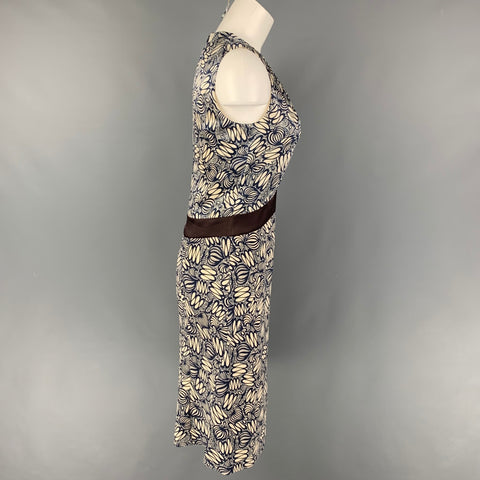 CELINE Size 4 Navy White Silk Abstract Sleeveless Dress