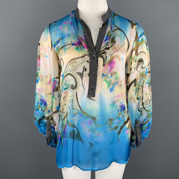 ETRO Talla 12 Blusa de gasa de seda con estampado de cachemira azul