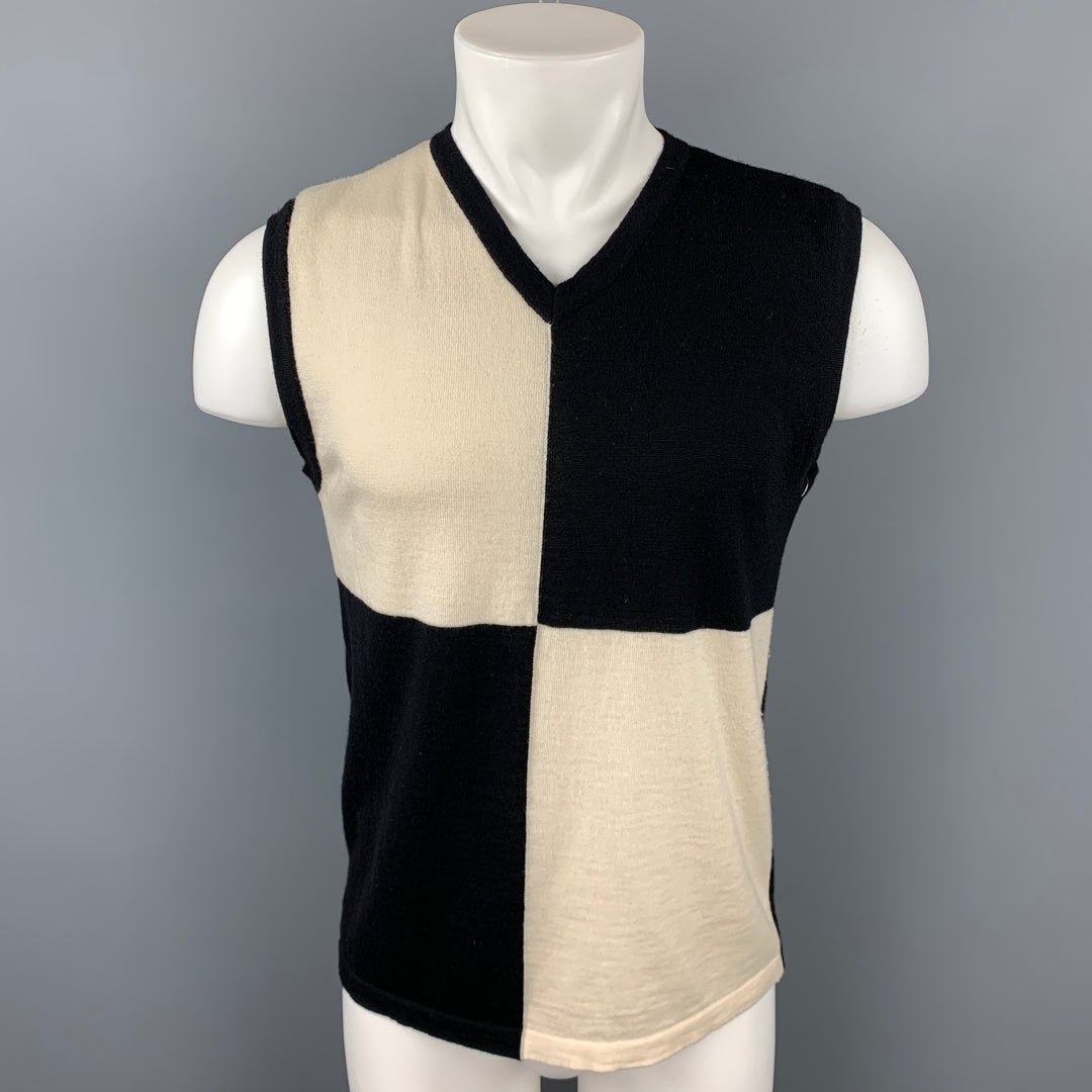 AGNES B. Size S Black & White Color Block Merino Wool V-Neck Sweater Vest