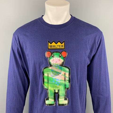 WALTER VAN BEIRENDONCK Size XL Navy Cotton Hologram Patch Long Sleeve T-shirt