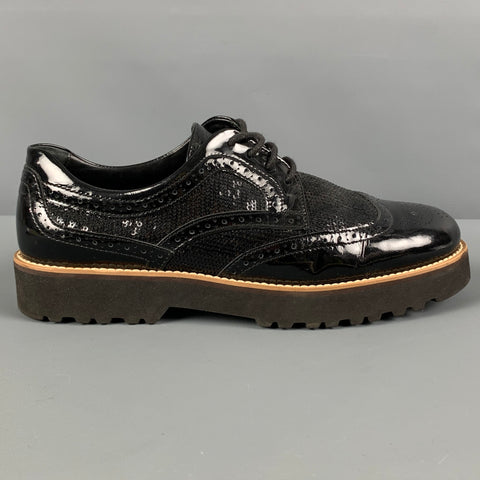 HOGAN Talla 7.5 Zapatos con cordones y punta de ala de charol perforado negro