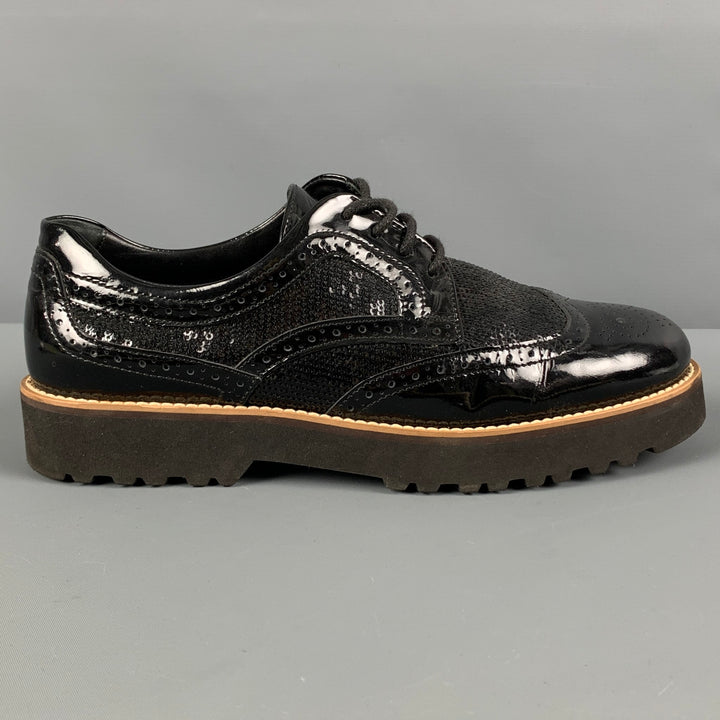 HOGAN Size 7.5 Black Perforated Patent Leather Wingtip Lace Up Shoes