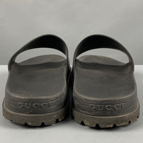 GUCCI Size 10.5 Black Green Red Stripe Rubber Sandals