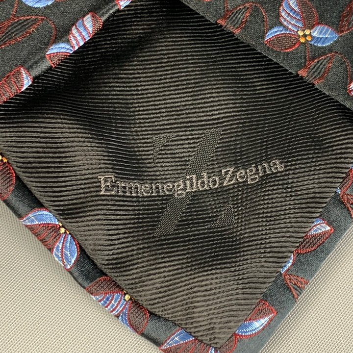 ERMENEGILDO ZEGNA Black Red Blue Floral Silk Neck Tie
