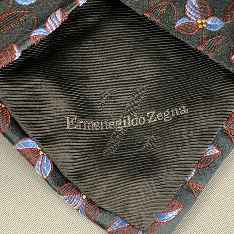 ERMENEGILDO ZEGNA Black Red Blue Floral Silk Neck Tie
