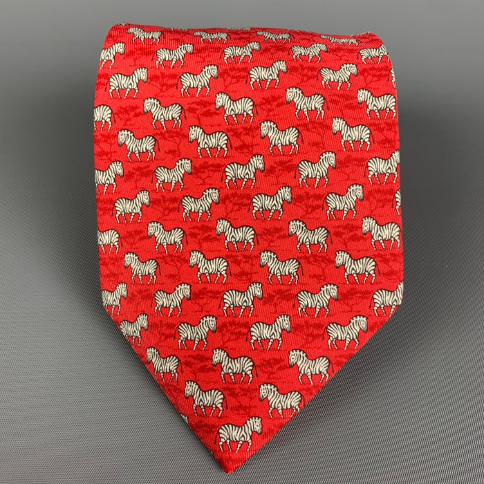 HERMES 7110 OA Red White Zebra Silk Tie