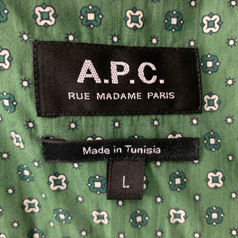 A.P.C. Size L Green Geometric Cotton &  Silk Short Sleeve Shirt