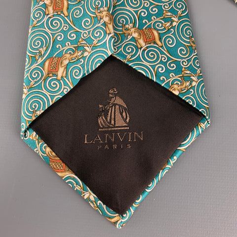 LANVIN Mint Gold Elephant Print Silk Tie