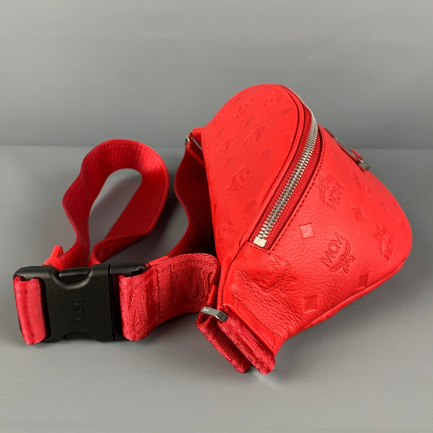 MCM Red Embossed Monogram Leather Belt Bag