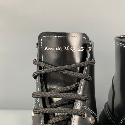 ALEXANDER MCQUEEN Talla 11 Botas con cordones de cuero con puntadas en contraste negras