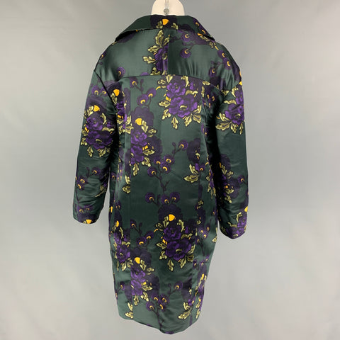 MARNI Size 2 Dark Green Purple Yellow Silk Floral Open Front Coat