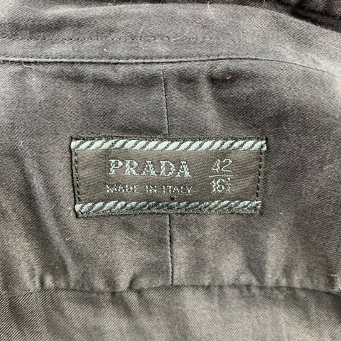 PRADA Size L Black Pleated Cotton Button Up Short Sleeve Shirt
