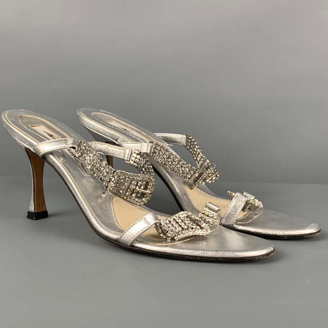 BRIAN ATWOOD Size 6 Silver Leather Rhinestone Strappy Sandals