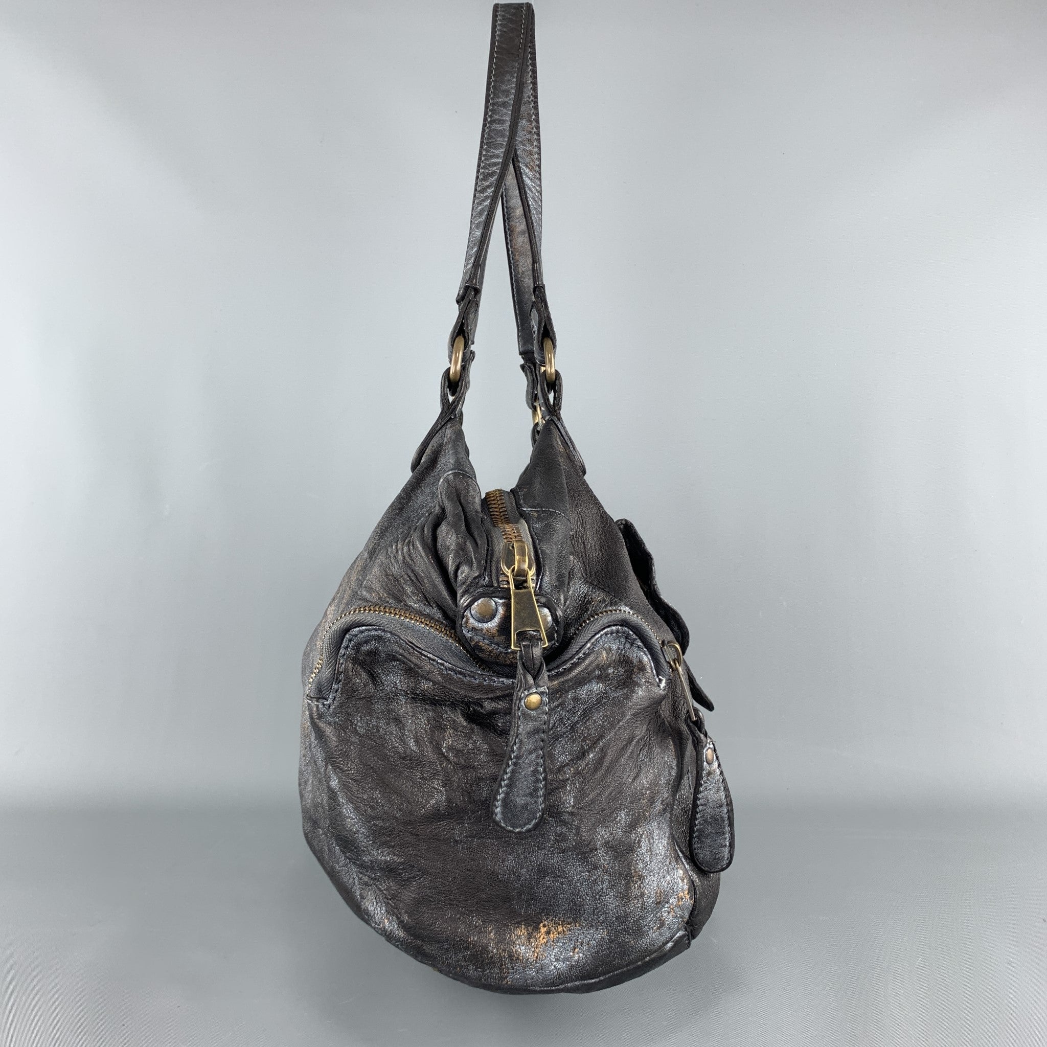 GIORGIO BRATO Distressed Gunmetal Metallic Leather Satchel Handbag