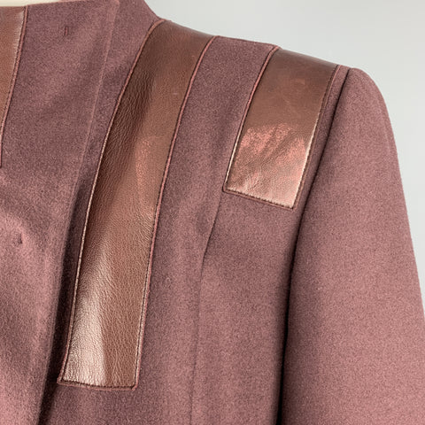 AKRIS Size 8 Burgundy Cashmere Leather Panel High Neck Jacket
