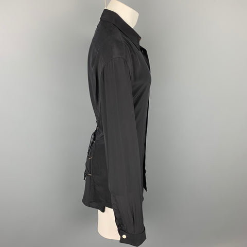 JEAN PAUL GAULTIER Size XL Black Silk French Cuff Corset Back Shirt
