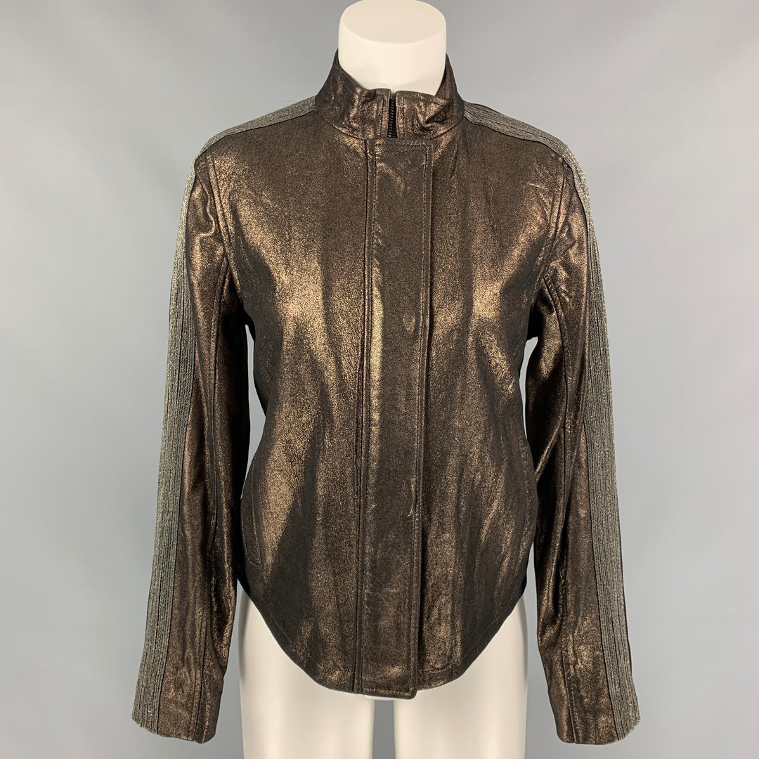 NEIMAN MARCUS The Leather Collection Size S Brown Silver Metallic Leather Jacket