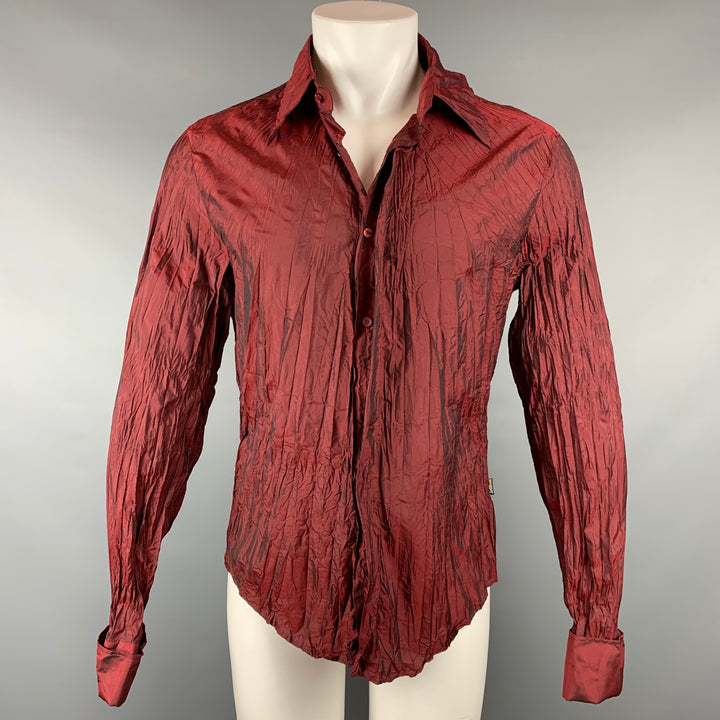 JUST CAVALLI Size M Burgundy Wrinkled Polyester Button Up Long Sleeve Shirt