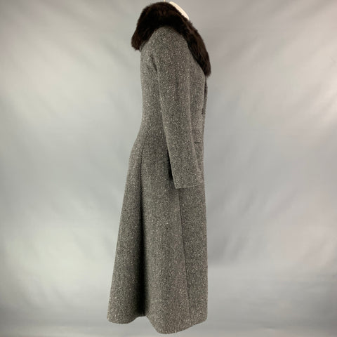 RALPH LAUREN Black Label Size 4 Grey Heather Herringbone Wool / Cashmere Fur Collar Coat