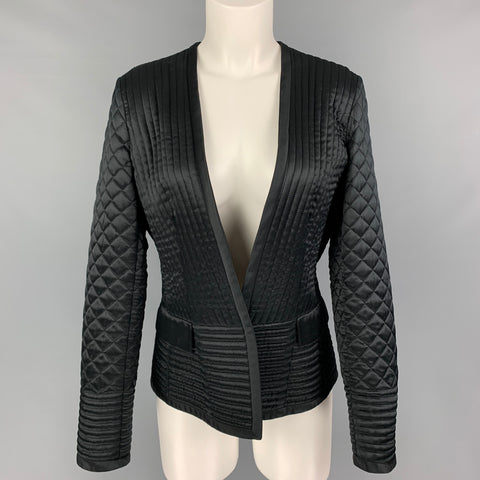 ETRO Size 8 Black Silk Quilted Collarless Jacket Blazer