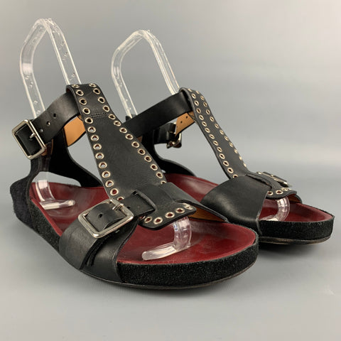 ISABEL MARANT Talla 8 Zapatos planos con tira en T de ante de cuero negro y plateado