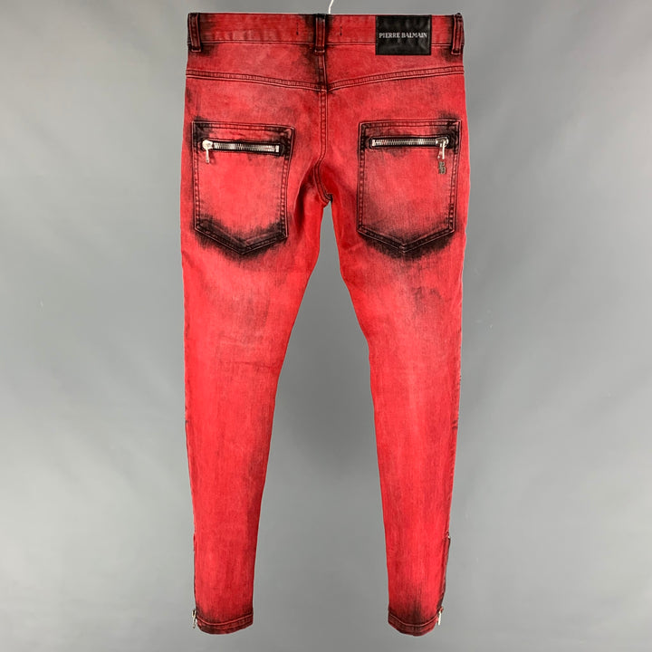 PIERRE BALMAIN Size 28 Red Black Wash Denim Zip Up Jeans