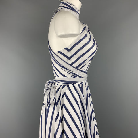 CAROLINA HERRERA Size 0 White & Bllue Striped Cotton Gathered Halter Sun Dress