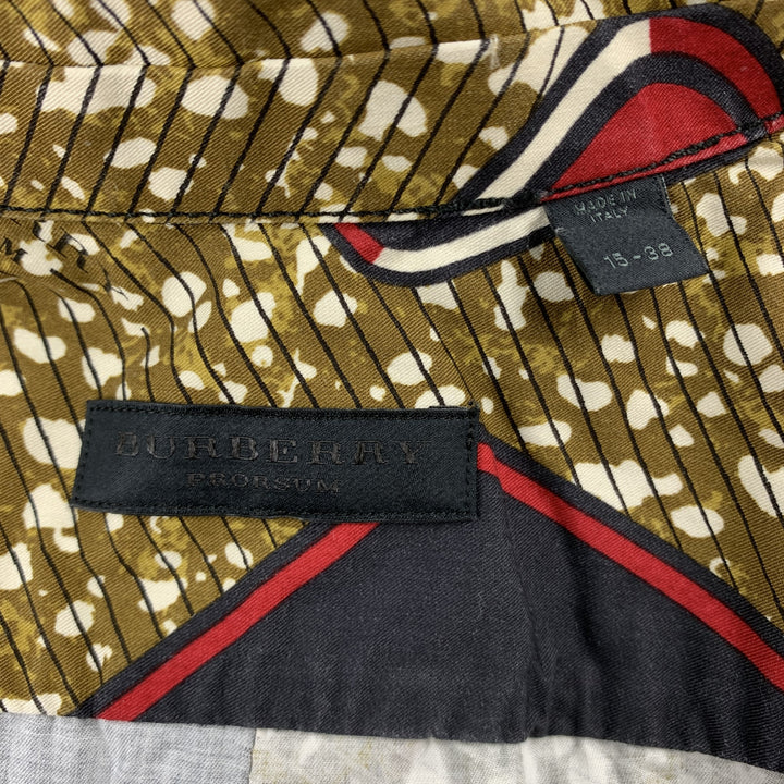 BURBERRY PRORSUM Spring 2012 Size S Olive & Red Print Cotton Button Up Short Sleeve Shirt