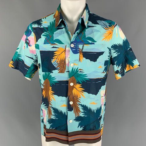 VALENTINO Size M Blue Green Hawaiian Cotton Short Sleeve Shirt