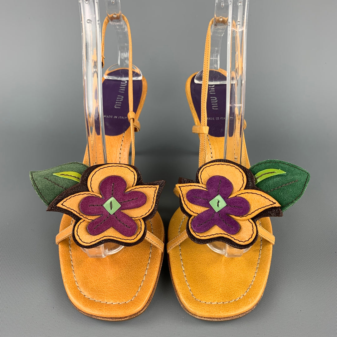 MIU MIU Size 8.5 Mustard Flower Applique Leather Slingback Sandals