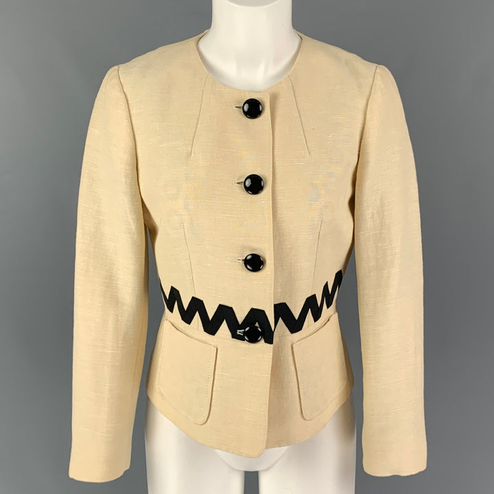 ETRO Size 4 Cream Black Silk Blend Ribbon Collarless Jacket