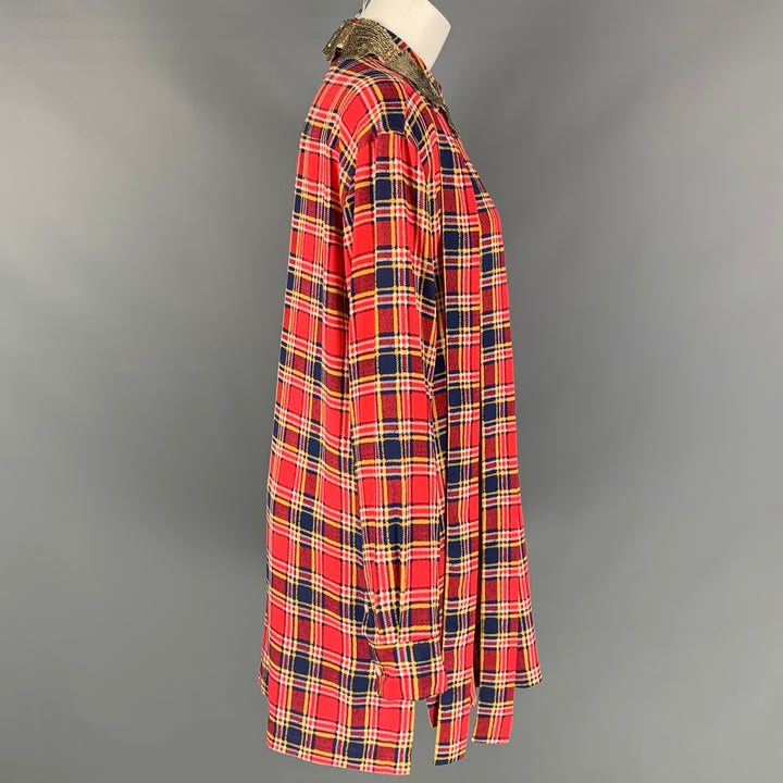 MARC JACOBS Size 4 Red & Blue Silk Plaid Sequin Collar Long Shirt