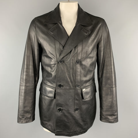 TED BAKER L Black Leather Double Breasted Peacoat