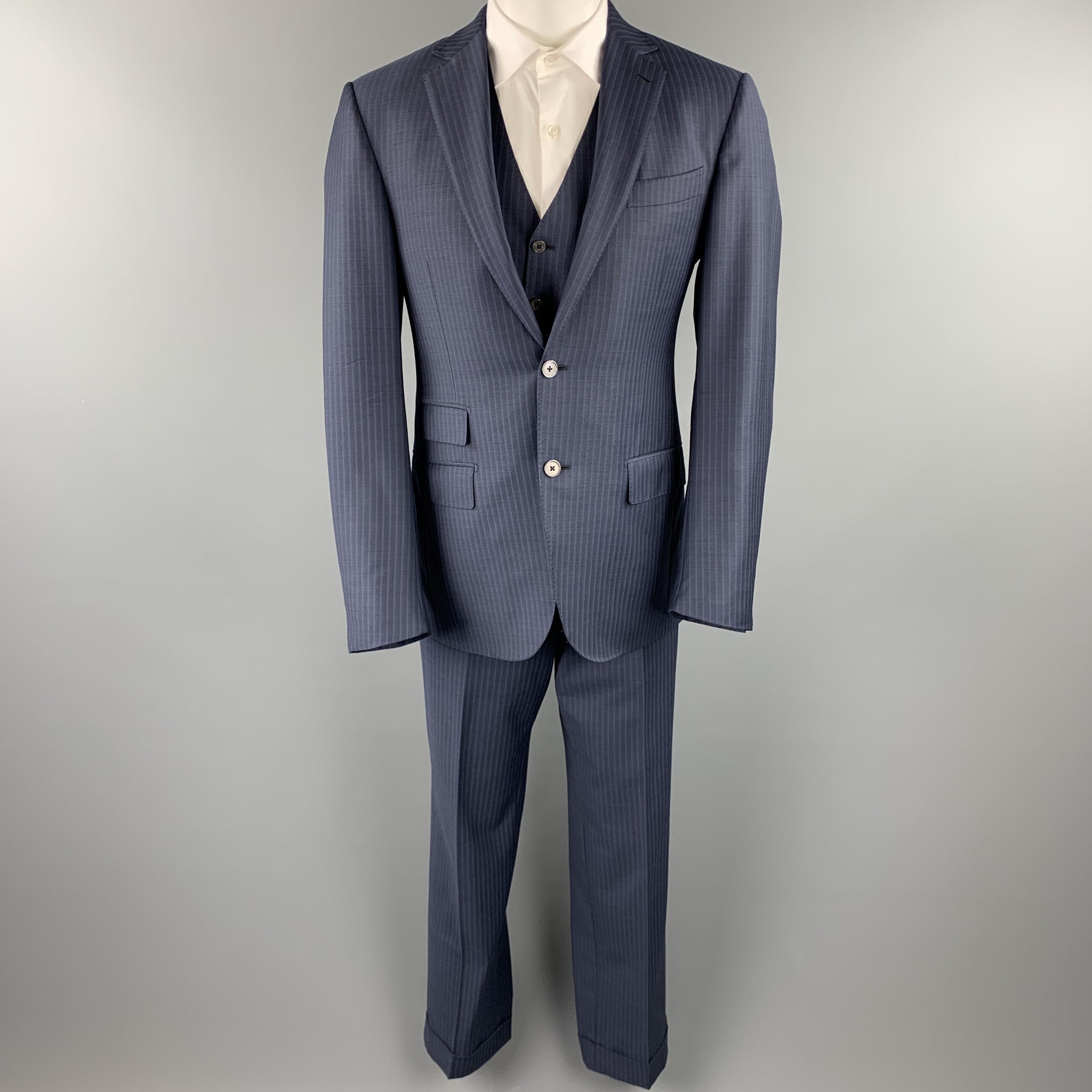 ERMENEGILDO ZEGNA 40 Regular Navy Stripe Wool Notch Lapel 3 Piece
