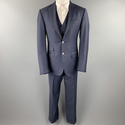 ERMENEGILDO ZEGNA 40 Regular Navy Stripe Wool Notch Lapel 3 Piece Suit