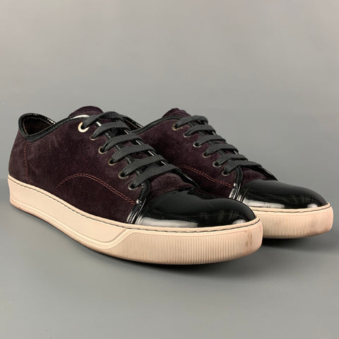 LANVIN Taille 10 Aubergine Noir Blanc Color Block Suede Cap Toe Baskets