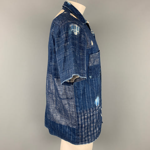 KAPITAL Size XL Indigo Blue Patchwork Cotton / Linen Short Sleeve Shirt