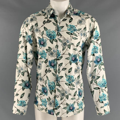 TED BAKER Size M White Blue Floral Cotton Long Sleeve Shirt