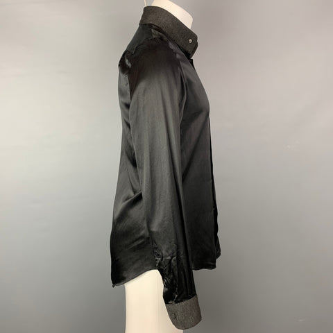 GIORGIO ARMANI Talla S Camisa de manga larga de seda / algodón negra y carbón