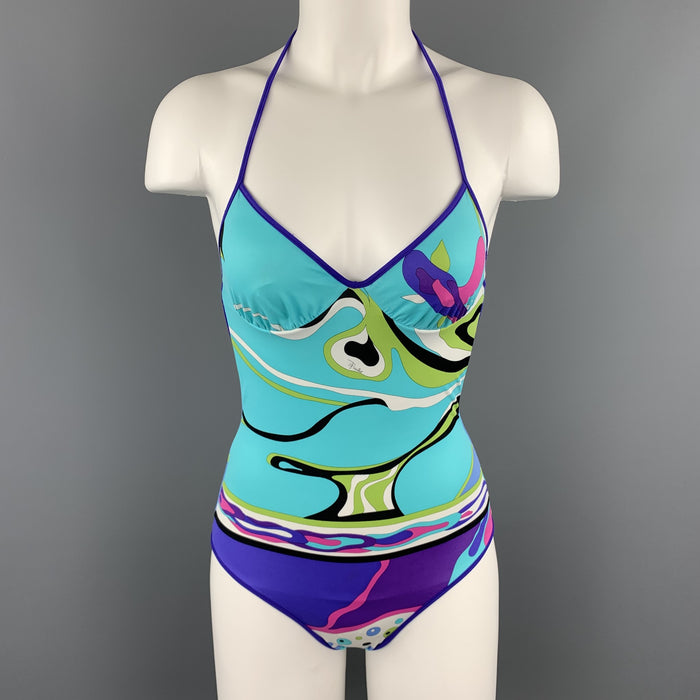 EMILIO PUCCI Size 4 Turquoise & Purple Print One Piece Halter Swimsuit