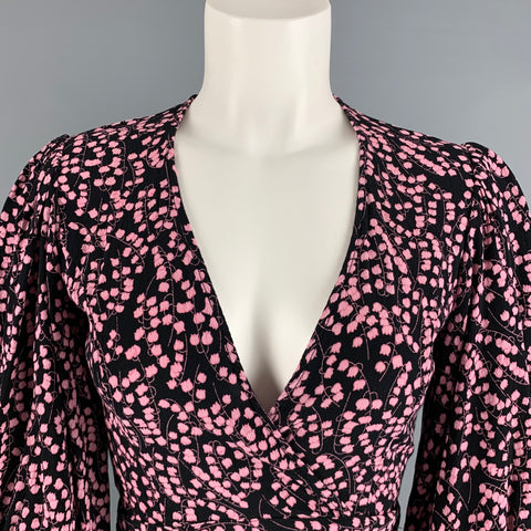 GANNI Size S Black Pink Viscose Floral Wrap Casual Top