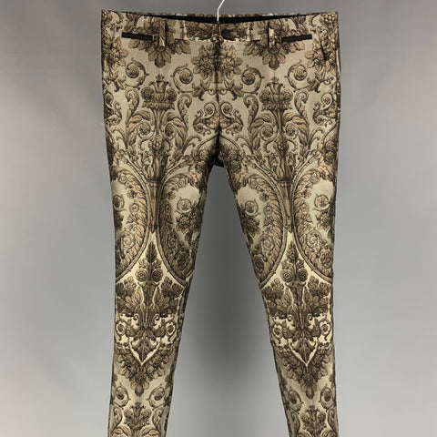 DOLCE & GABBANA Size 32 Taupe & Silver Jacquard Polyester / Silk Dress Pants